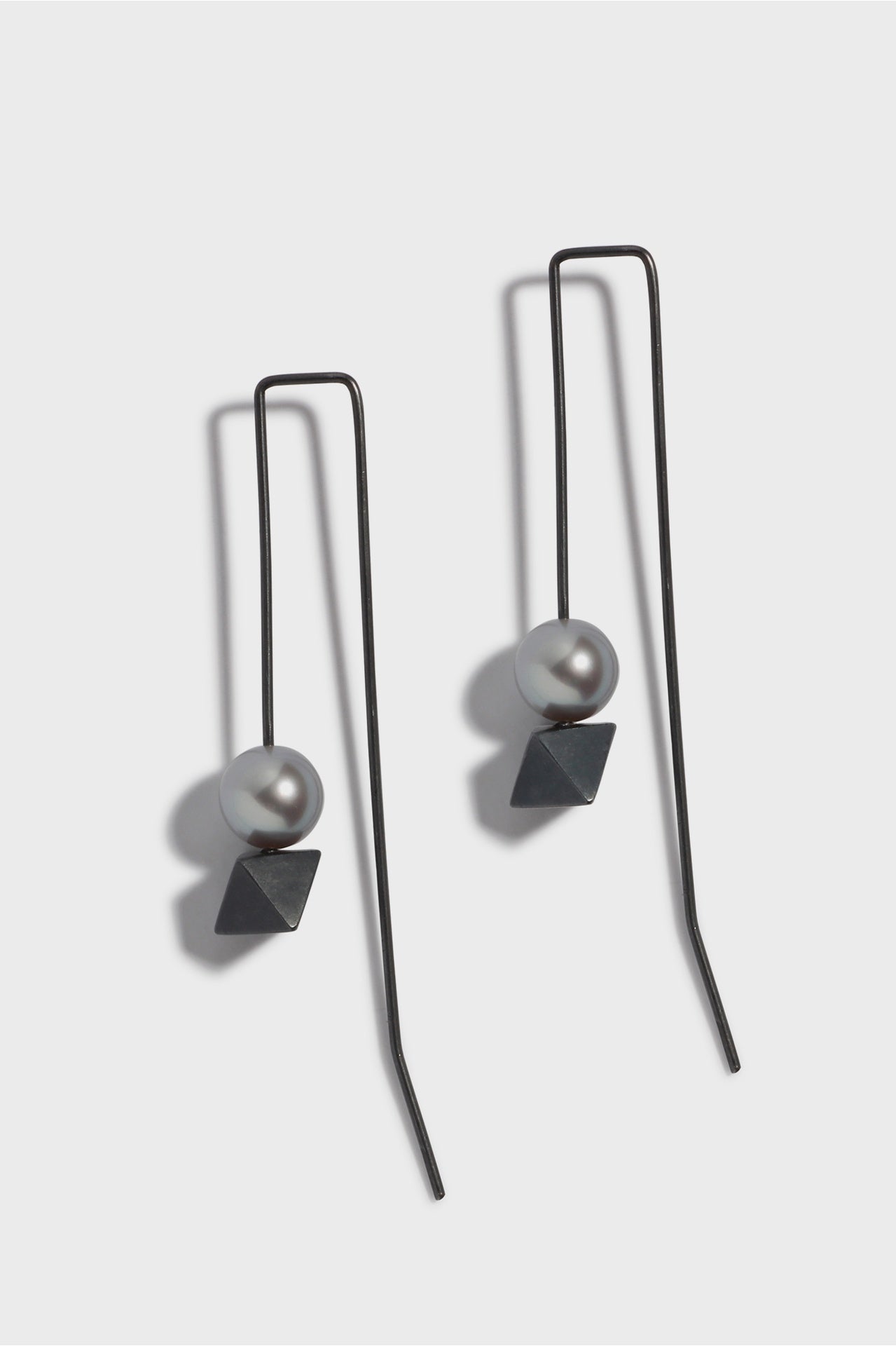 Silver Pearl & Octahedron Earrings - Blackened Sterling Silver in Silver