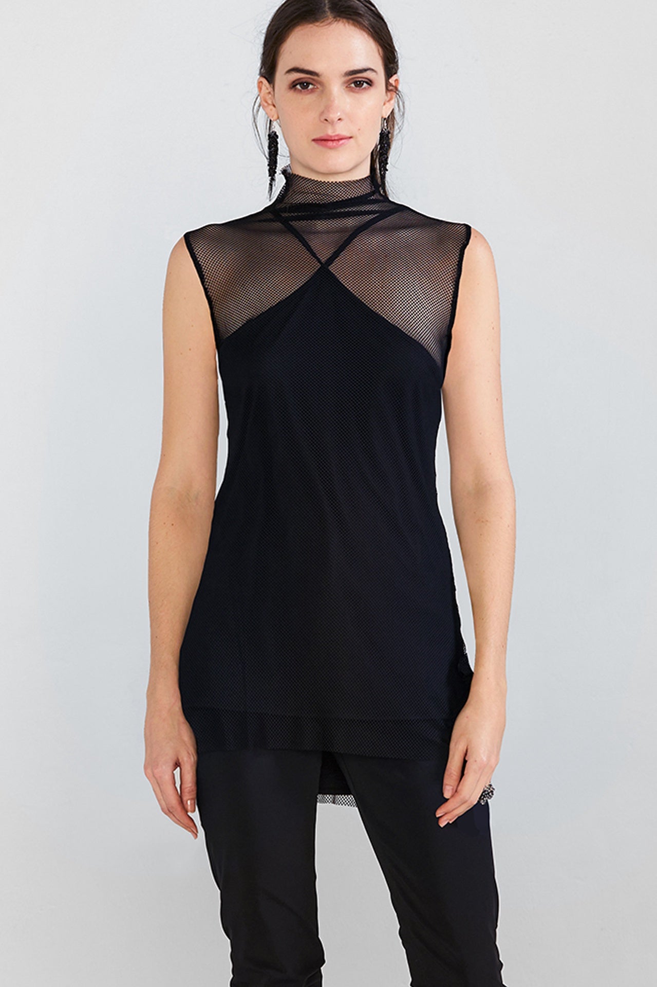 Sleeveless Undone Tunic - Black Diamond Mesh in Black - Taylor