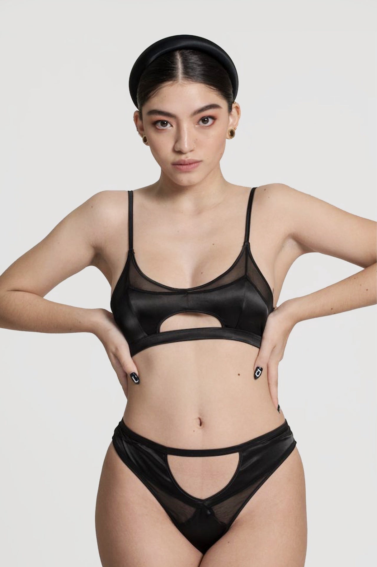 Mae Half Moon Cut-out G String - Black Satin in Black